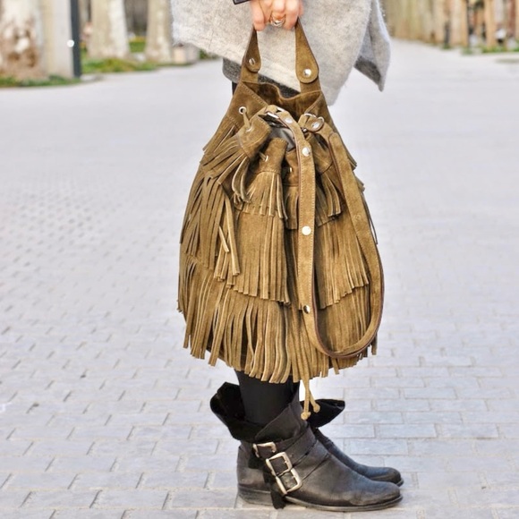 Gerard Darel Indie Fringed Suede Bucket Bag $495 Made in France - Picture 1 of 11